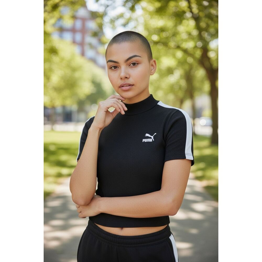 Puma Classics Womens Medium Ribbed Mock Neck short sleeve black white Crop Top